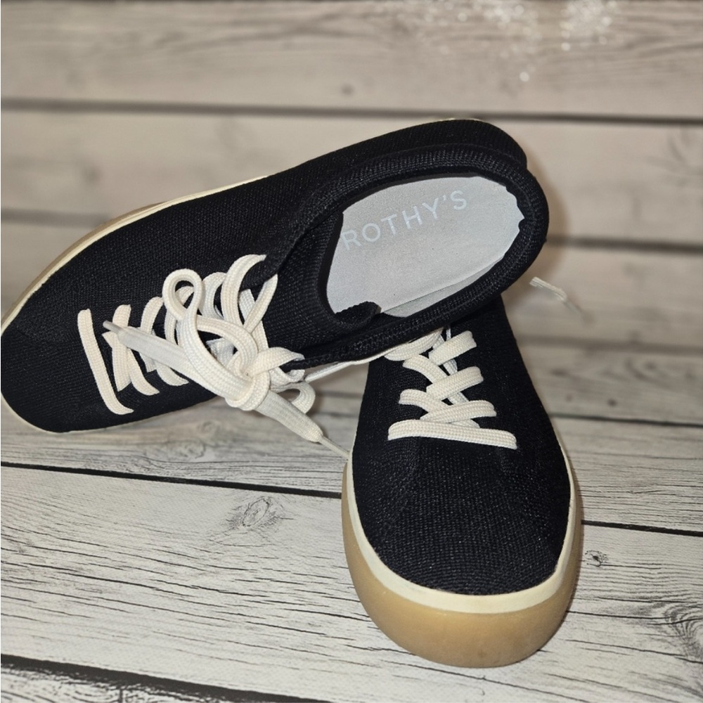 Rothy's Black Canvas Sneakers with White Laces and Tan Sole
